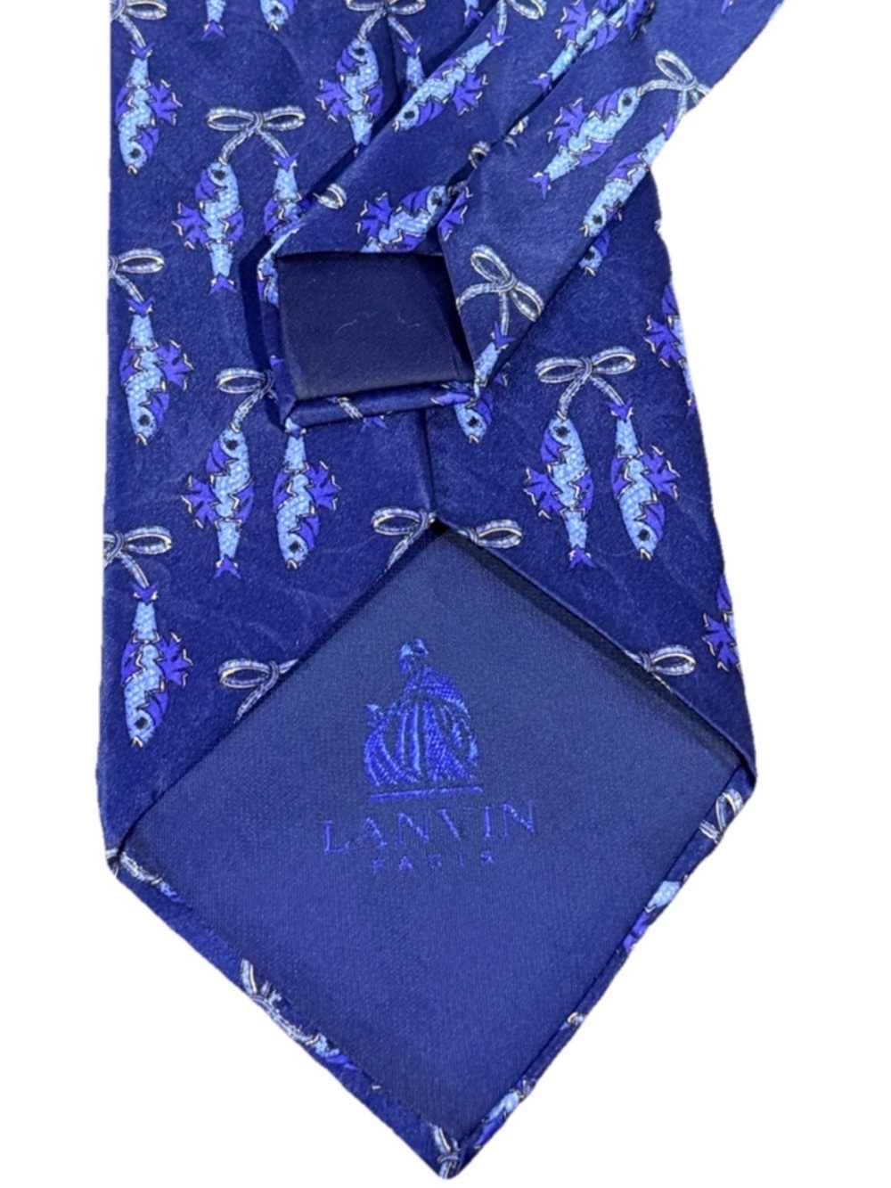 Lanvin Paris Vintage Silk Tie Navy Novelty Fish Print Made in France 80s - Picture 3 of 6